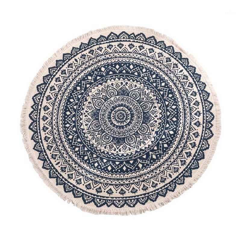 

Morocco Round Carpet Bedroom Boho Style Tassel Cotton Rug Hand Woven National Classic Tapestry Sofa Cushion Tatami Floor Mats1, Blue black