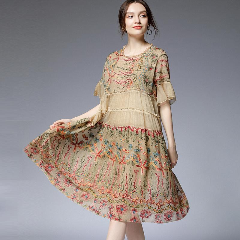 

Summer new women's plus size casual loose slim dresses short sleeve crew neck Chiffon embroidery Elegant dress fashion big size, Pink