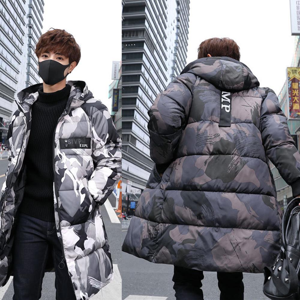

2020 New Men's cotton-padded jackets medium-long style winter camouflage clothes Korean Style Fashion Coat with hat, Gray camouflage