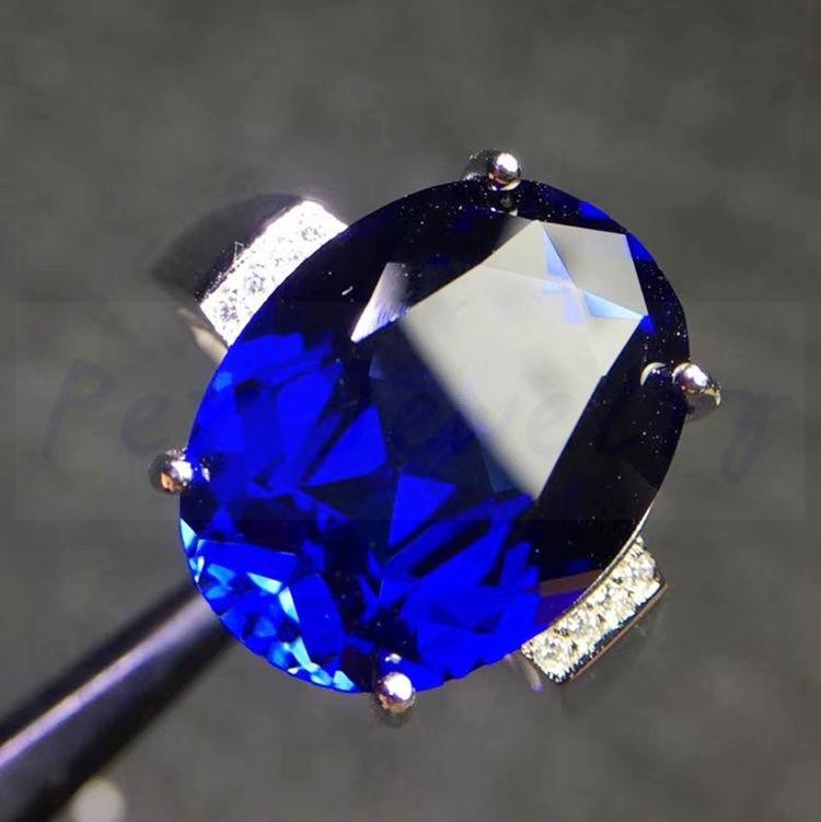 

Cluster Rings Blue Sapphire Big Ring Per Jewelry 925 Sterling Silver 12*16mm 11ct Gemstone Fine J212104, Golden;silver