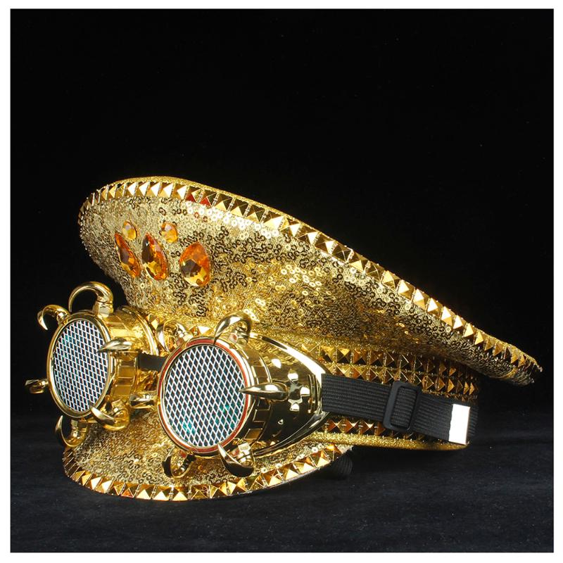 

Steampunk Men Women Gold Hat Punk Gear Glasses Performance Hat Showe Club Cosplay Captain Adult 3 Size