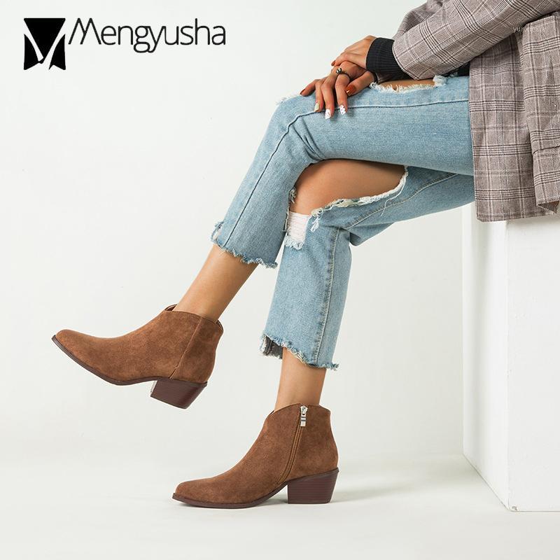 

vintage suede leather ankle boots women pointed toe short riding booties female western cowboy winter botas mujer big size 431, Brown