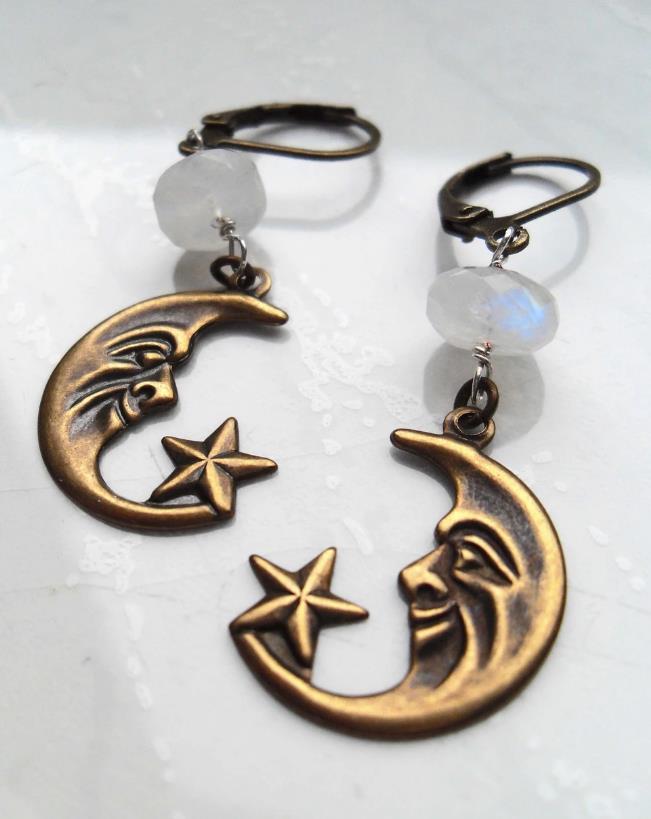 

MOONSTONE CRESCENT MOON EARRINGS Wiccan/Pagan/Goth Magical Jewelry Gift