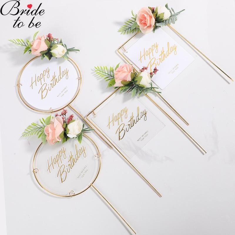 

Cake Topper Dessert Decoration for Birthday Party Forest Flowers Happy Birthday Golden Acrylic Baby Shower Baking Supplies