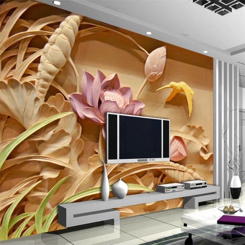 

Custom wallpaper 3d stereo photo murals wood carving lotus mural bedroom TV background wall painting papel de parede wallpaper1, As pic