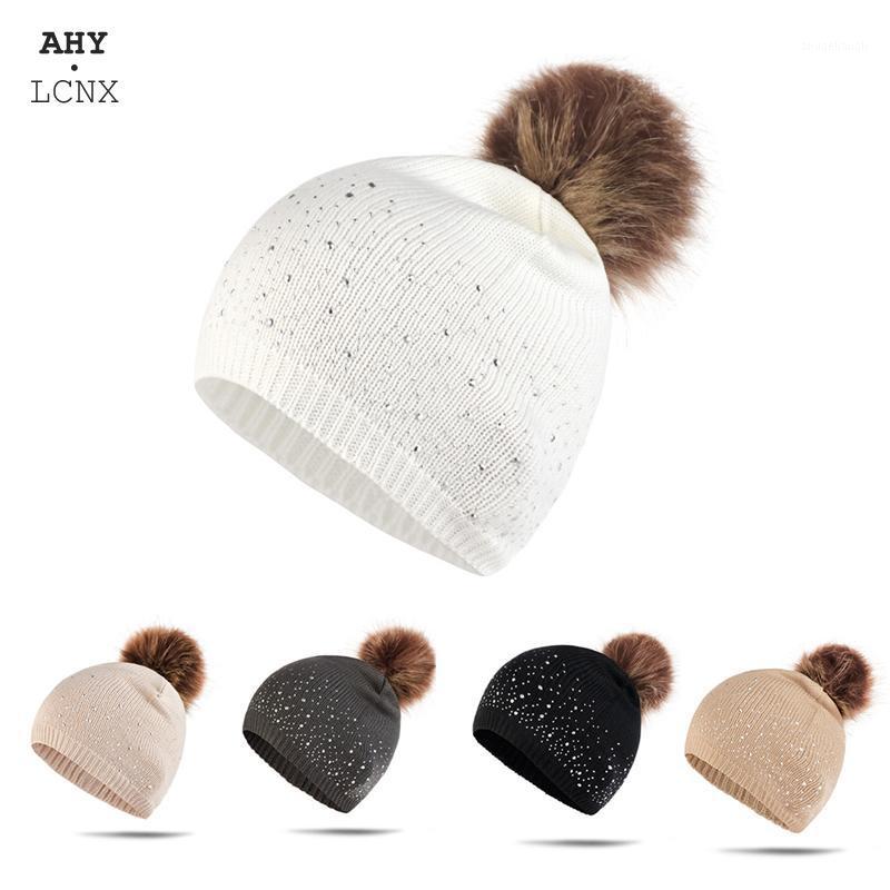 

Fashion Women Winter Hat Warm Knit Real Fur Pompom Hats Beanies Skullies For Women's Girls Pom Pom Cap With Rhinestone Diamond1