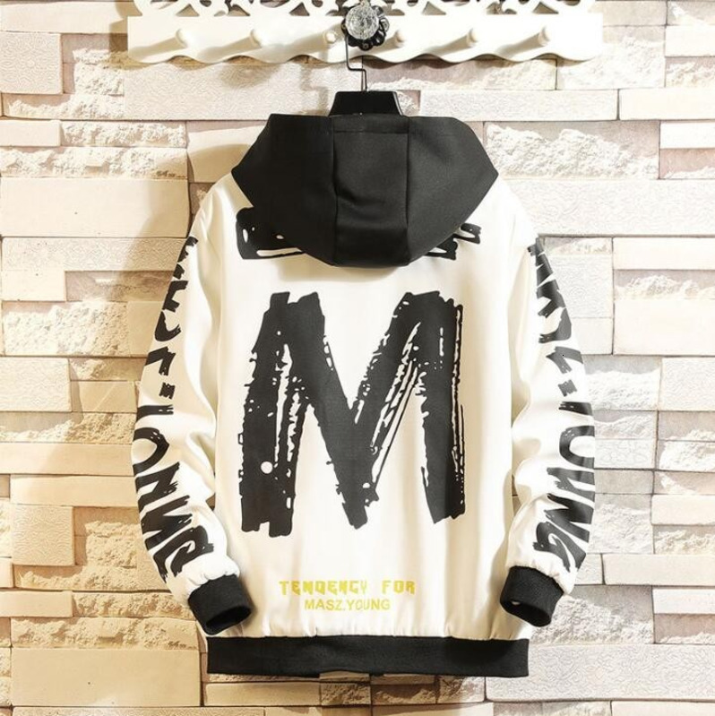 

2021 New Spring Letter Printed Hip Hop Jacket Men White/black Hooded Coat Loose Harajuku Streetwear Windbreaker A1tk