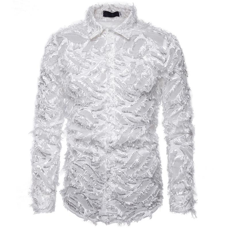 

Men' White Feather See Through Nightclub Shirts Slim Fit Long Sleeve Sexy Lace Shirt Men Party Stage Singer Costume Homme XXL
