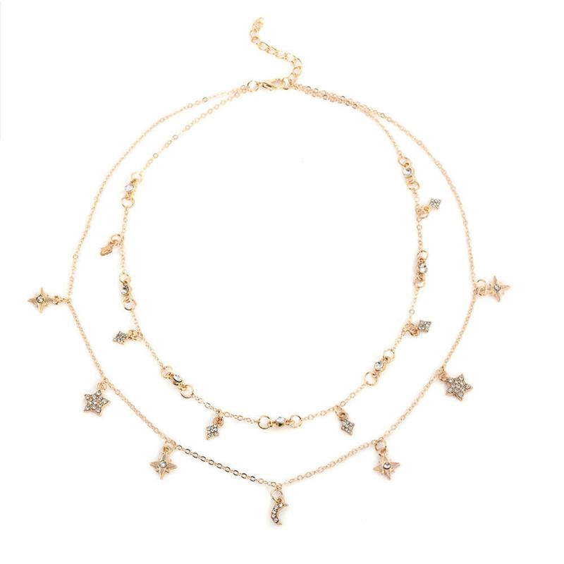 

Fashion Women Gilr Double Layer Satr Moon Pendant Gold Necklace Rhinestonr Crystal Simple Chain Necklaces Jewelry