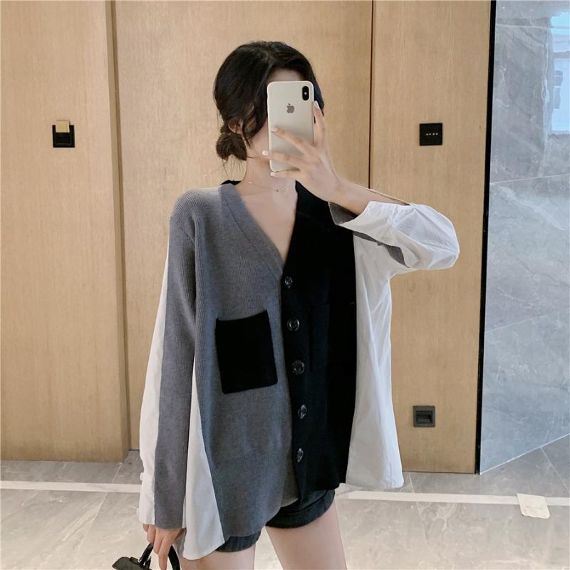 

V Neck Knitted Stitching Shirts Women Korean Loose Long Sleeve Blouse Design 2020 New Autumn Women Tops Clothing, Pic
