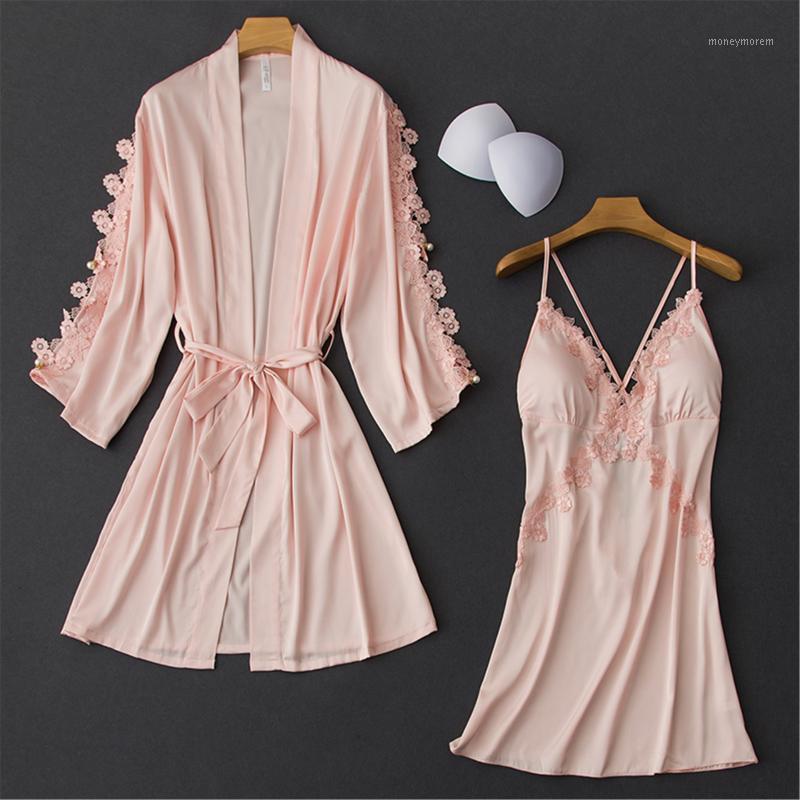 

2PCS Nighty&Robe Set Women Intimate Lingerie Satin Sleepwear Bathrobe Casual Nightdress Home Dressing Gown Sexy Nightwear1, White