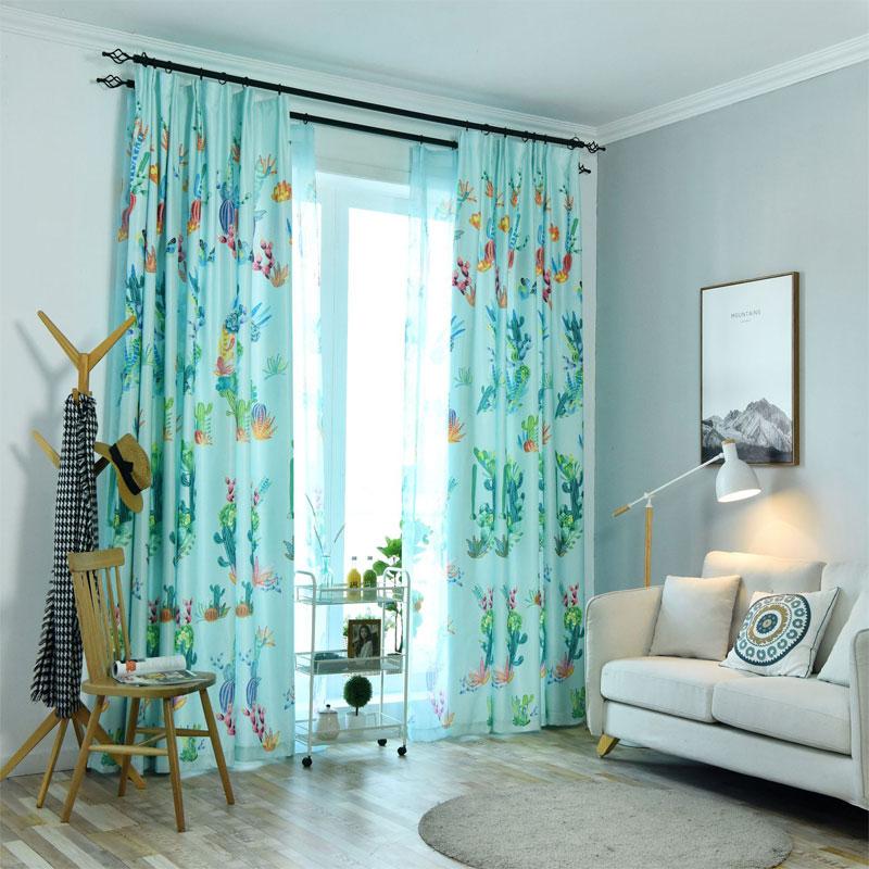 

Tropical plant cactus printed curtains and tulle semi-blackout curtain panels for doors and windows bedroom living room, Colour 1 yarn