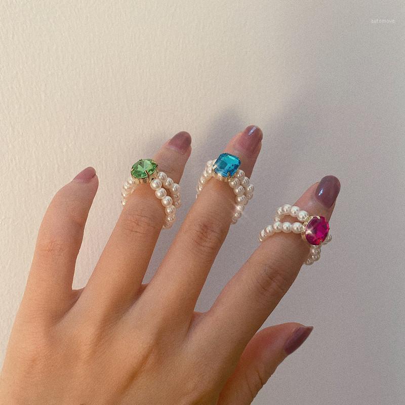 

2020 Kpop Aesthetic Shiny Colorful Zircon Double-Layer Pearls Adjustable Rings For Women Party Wedding Dating Jewelry Gifts Sale1