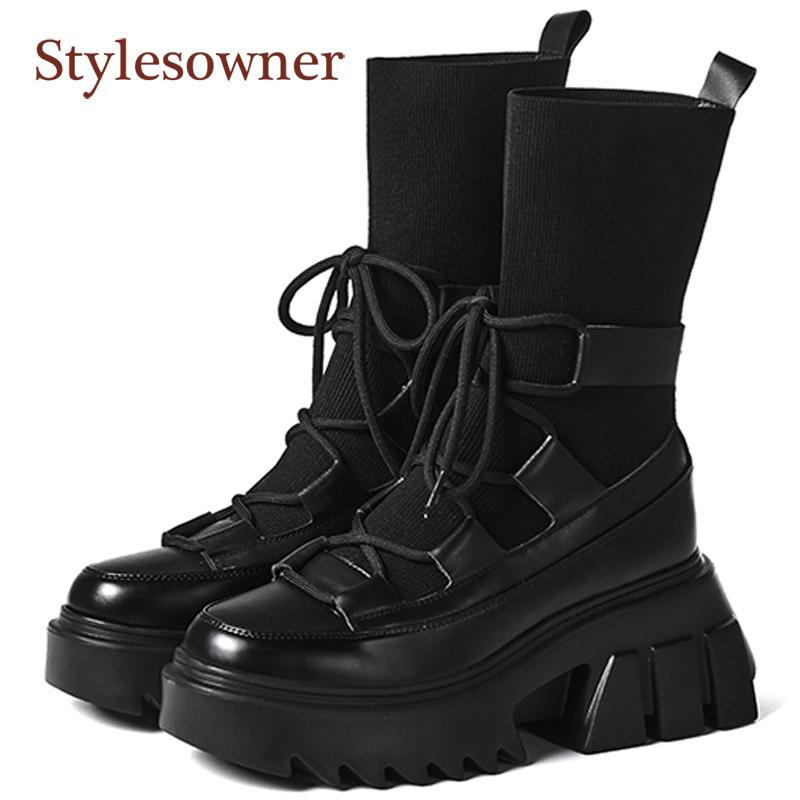

Real Leather Thick-soled Platform Sock Shoes Round Toe Lace-Up Height-increasing Stretch Fabric Boots For Autumn Winter, Black