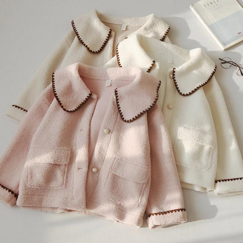 

Sweet Fashion Lamb Wool Autumn Winter Coat Women Jacket Fleece Shaggy Warm Cropped Jackets Overcoat Single Breasted Outwear, White