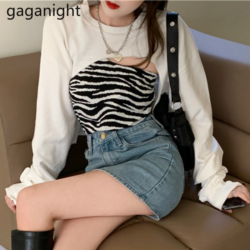 Gaganight Fashion Women Two Pieces Set Cropped Sexy Jumper Zebra Pattern Single Shoulder Tanks Tops Streetwear 2 Pieces Set New 201120Z