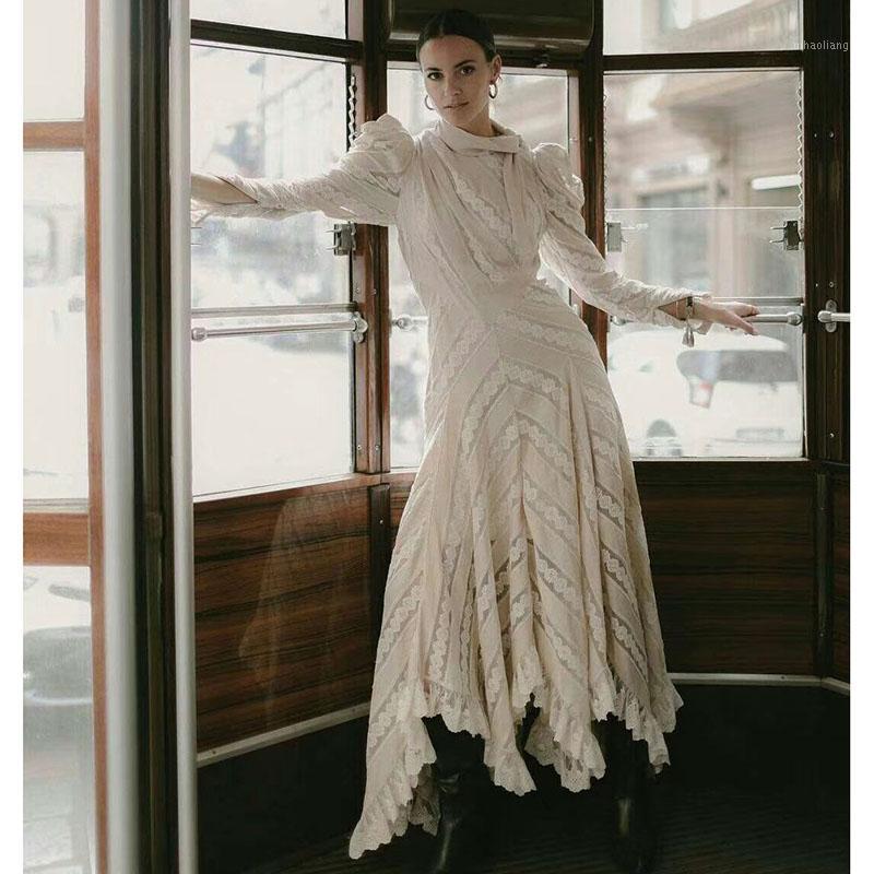 

Svoryxiu Autumn Winter Elegant Runway Maxi Dress Women's Puff Sleeve Lace Embroidery Patchwork Asymmetrical Party Maxi Dress1, Beige