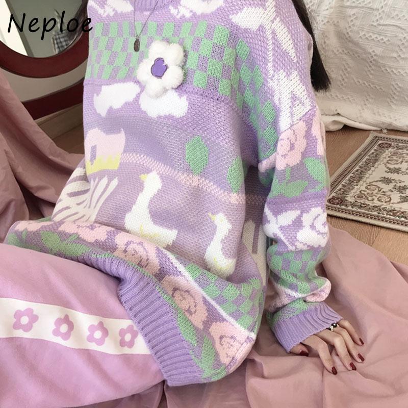 

Neploe Cartoon Pattern Sweaters Women Autumn 2020 Sweet O Neck Long Sleeve Pullovers Tops Loose Casual Oversized Coats 1F049, Purple