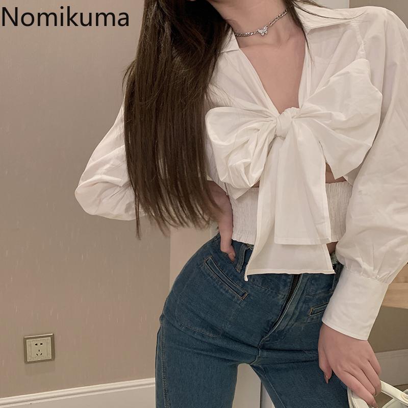 

Nomikuma Korean Sweet Bow Tie Short Blouse Puff Long Sleeve V-neck Women Shirts 2021 Autumn New Slim Waist Blusas Mujer 6C808, White