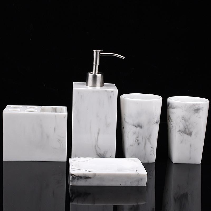 

Marble Texture Resin Bathroom Five-piece European Creative Wash Set Soap Box Toothbrush Holder Lotion Bottle Tray Bathroom Suppl