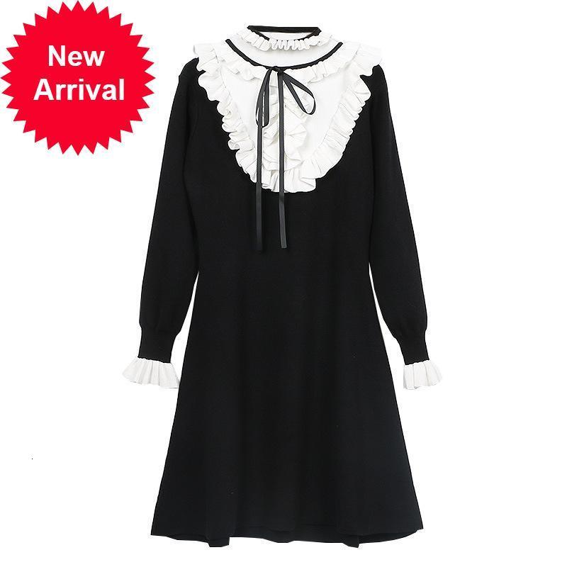 

England 2021 New Style Autumn Fashion Mark Elegant Little Skinny Black Bow Long Droopy Neck Mini Dress Balck JUGQ