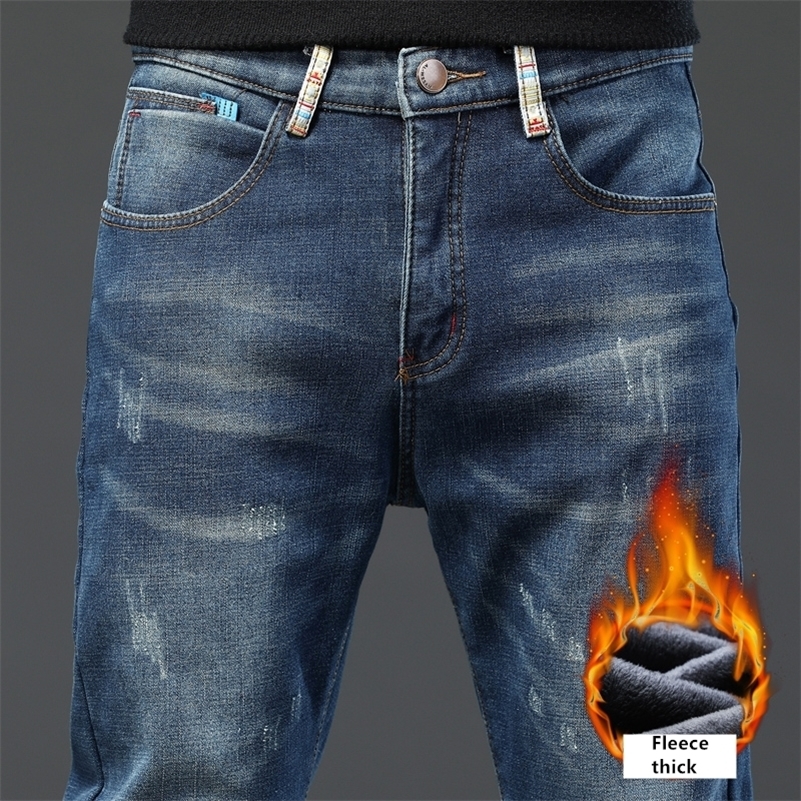 

Winter comfortable warm fleece thick men's slim fit jeans classic brand clothing fashion embroidery trendy men young feet jeans 201111, Blue