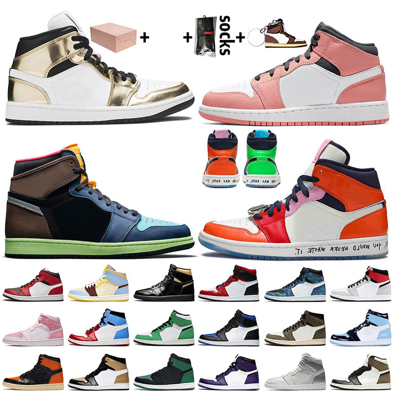 

With Box New Jumpman 1 1s Women Mens Basketball Shoes MID Metallic Gold Pink Quartz High OG Bio Hack Fearless Mens Trainers Sneakers, #25 high og midnight navy 36-46