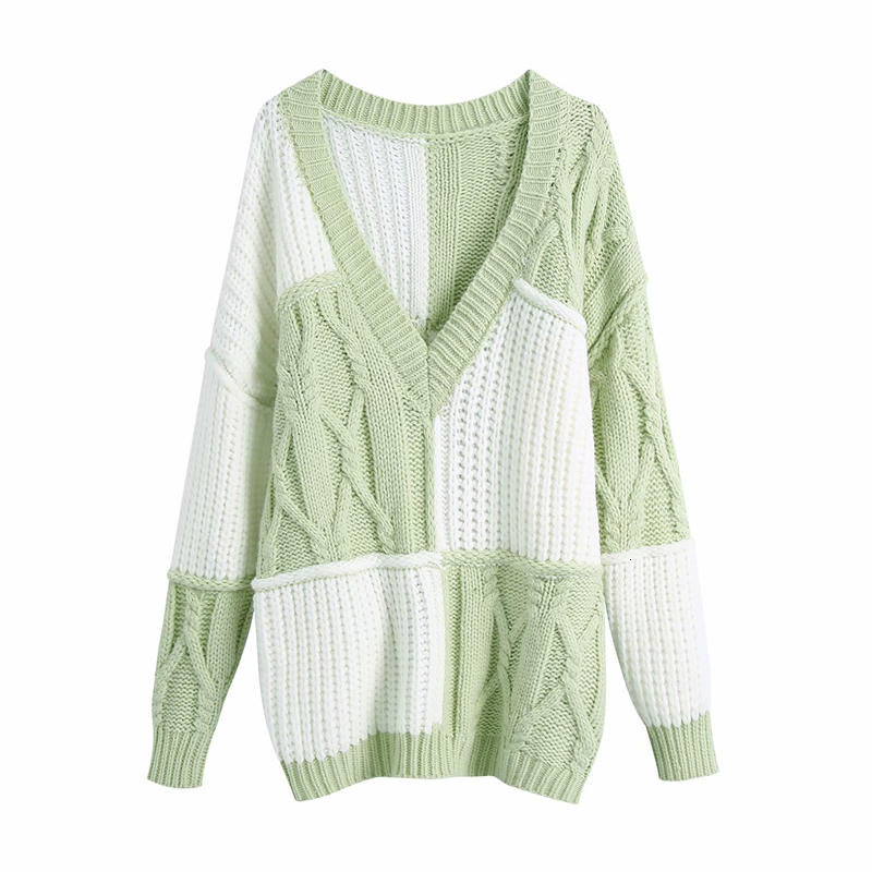 

2021 New Elegant Women Sweet Plaid Sweaters Fashion Ladies V-neck Loose Knitted Tops Streetwear Female Chic Patchwork Pullovers M8v5, Green