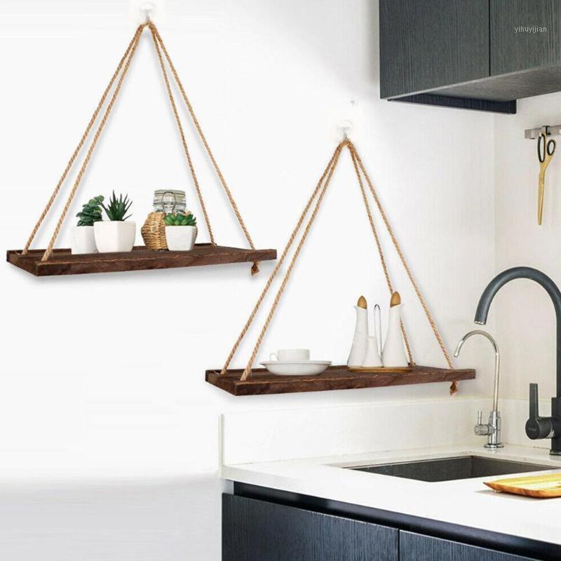 

Wood Swing Hanging Rope Wall Mounted Floating Shelves simple outdoor Flower Pot indoor Plant design decoration K3E71
