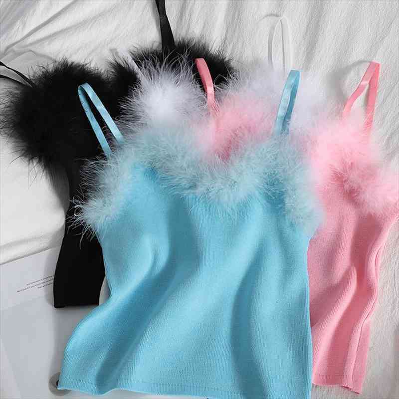 

women fashion soft fur collar knitting tank girls knitted camisole fluffy feather camisole bustier party tube crop, White