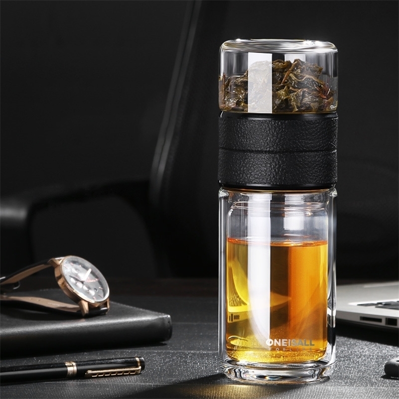 

New 200ML/520ML Water Bottle Teaware Set Portable Double Wall Glass Tea Infuser Bottle Filter Travel Cup with Bag 201111