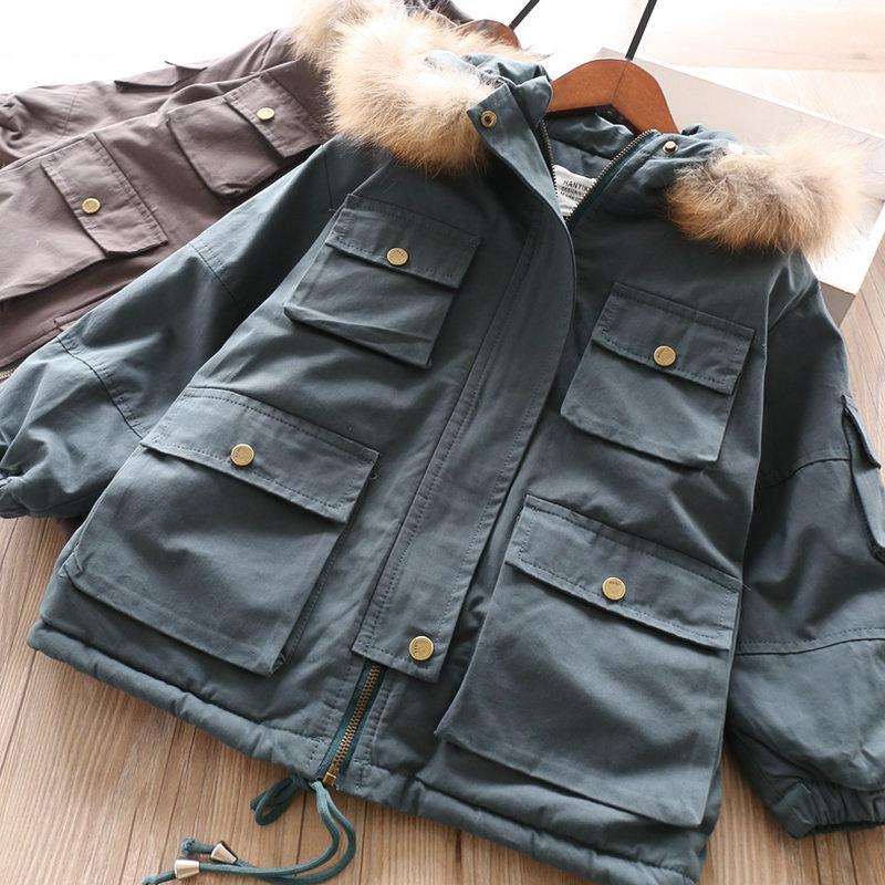 

Girls' Flannel Pocket Hood Coat In Autumn / Winter 2021, Dark green