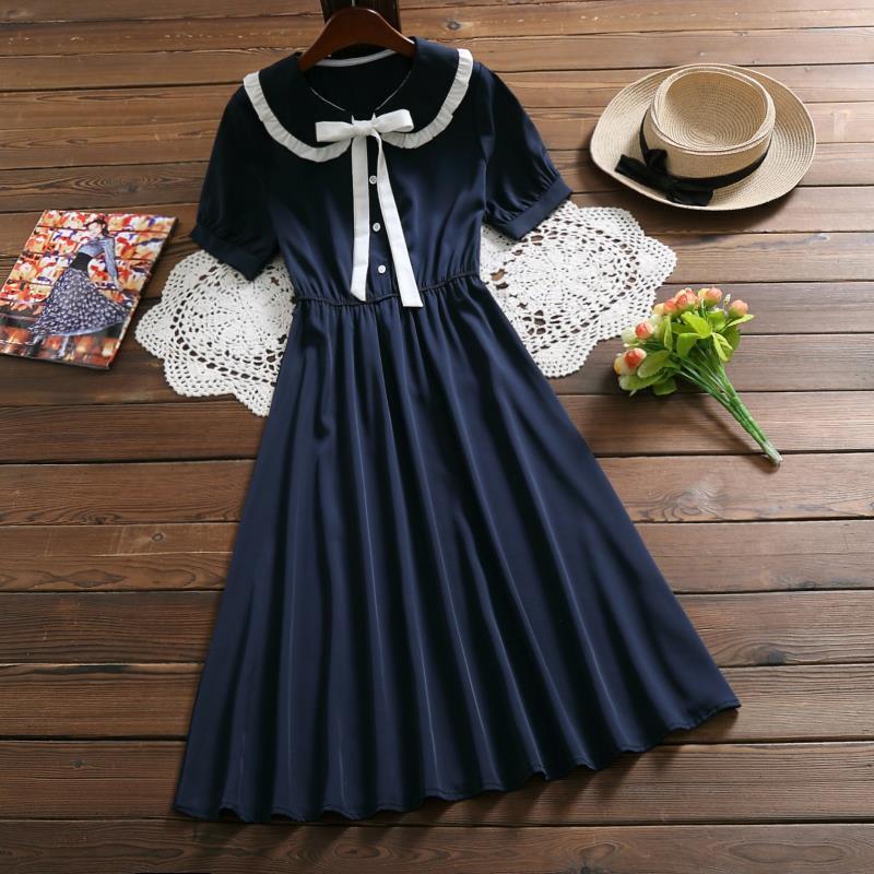 

mori girl elegant midi dress 2021 summer fashion peter pan collar short sleeve vintage dress women solid vestidos, Black;gray