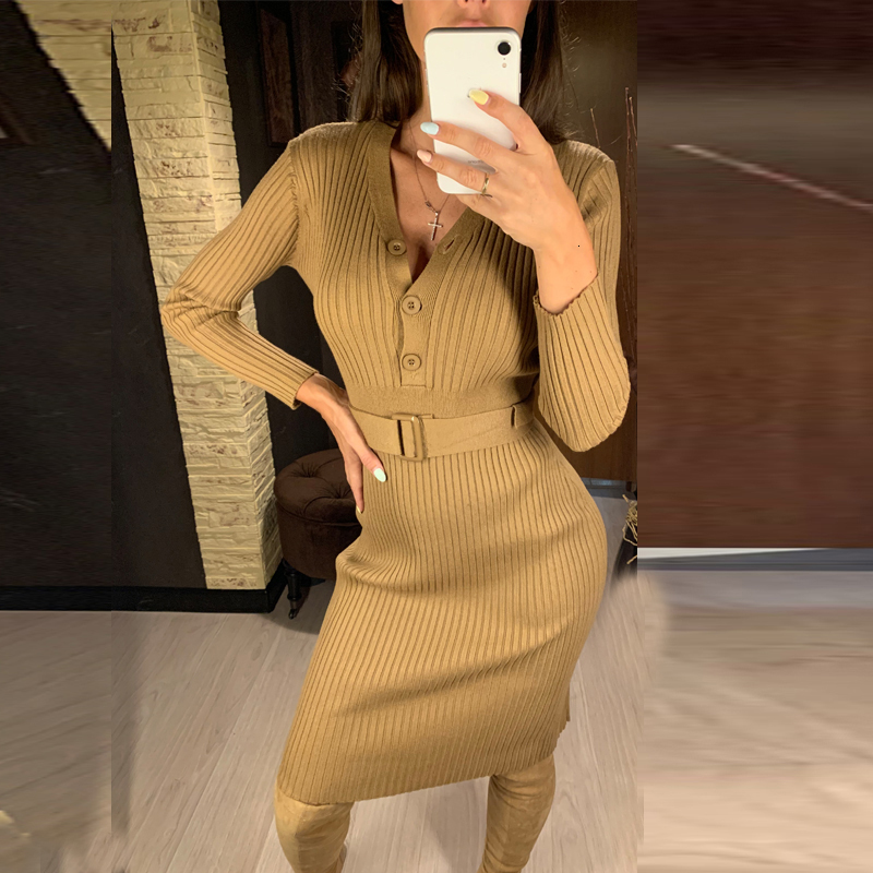 

2021 New Long Knit Single Breasted a Line Sexy v Neck Women Sweater Dresses Winter Thick Warm Midi Christmas Party Dress 4oec, Black