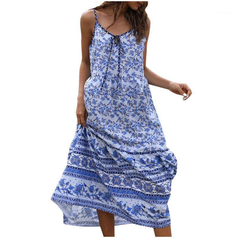 

SAGACE Boho Dress Women Summer Print Loose Sleeveless V-Neck Spaghetti Strap Beach tunic Dress Women summer clothes for1