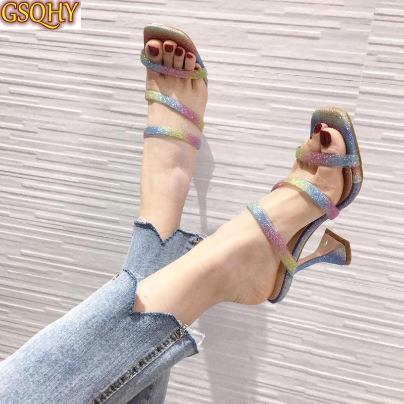 

New trendy neon color PVC jelly sandals fashion square toe bling cross-strap crystal perspex heel wedding shoes women