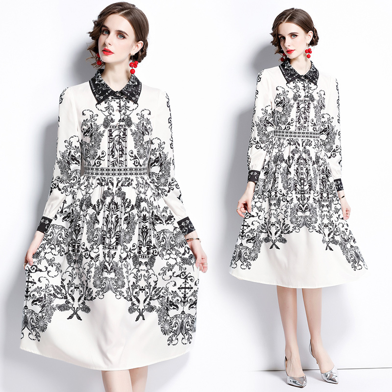 

Dropshipping New Arrival Summer Fall Vintage Geometric Print Lapel Long Sleeve Single-breasted Women Ladies Party Demure Elegant Temperament Tunic Shirt Dress, Ysq8630