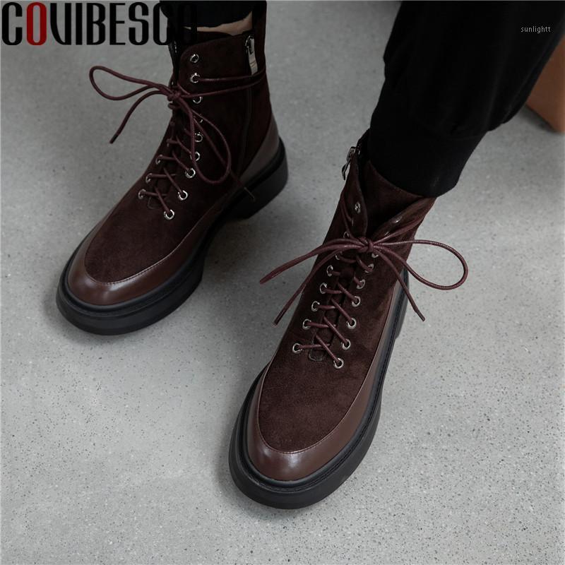 

COVIBESCO 2020 Autumn Winter Genuine Leather Ladies Ankle Boots Newest Platform Chunky Heels Pumps Office Lady Party Shoes Woman1, Black