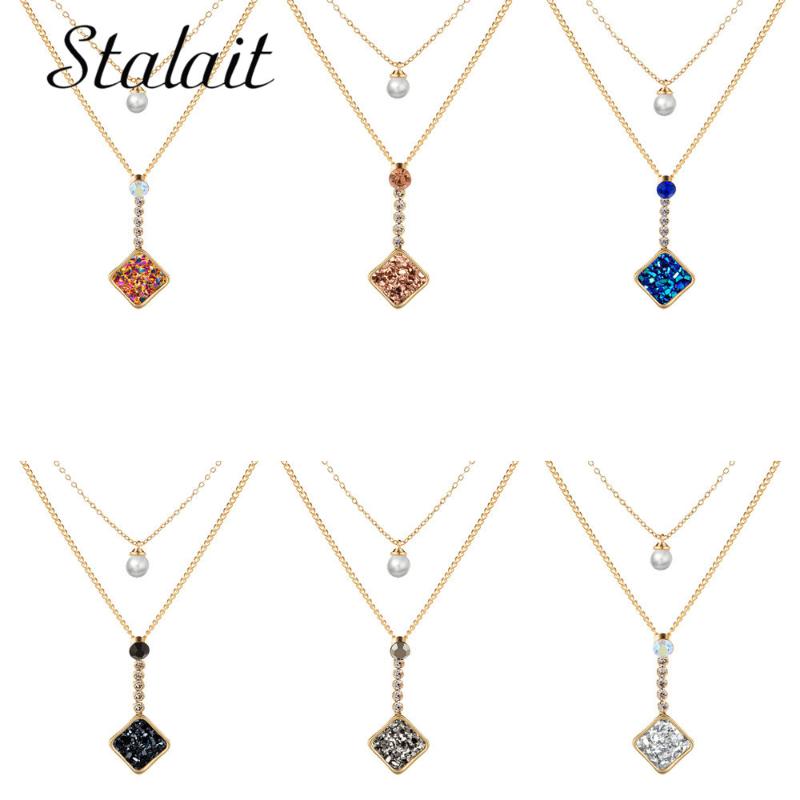 

Bohemian Square Natural Druse Necklace For Women Double Layer Charm Gold Color Pearl Necklace Charms Jewelry