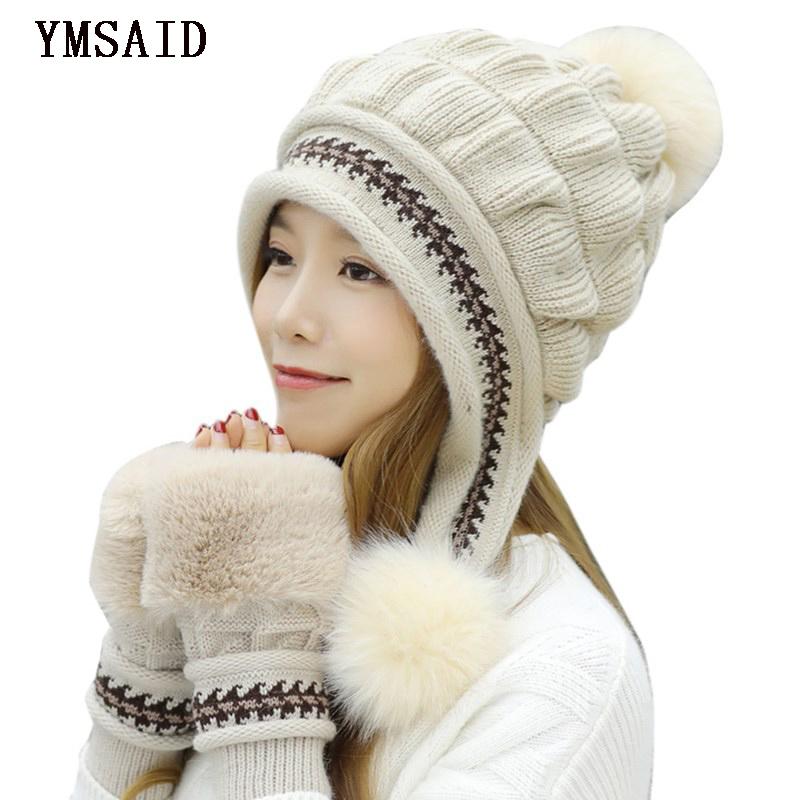 

Ymsaid Girl Thicken Ski Cap New Brand Fur PomPoms Winter Sweet Knitted Hats Women Hat Female Warm Gloves + knit hat, Red