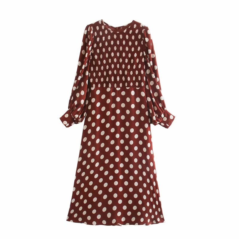 

2021 New Elegantes Dot Midi Vestidos Moda Senhoras A-line Streetwear Feminino Doce De Manga Cheia Chique Vestido Da 579y, Brown