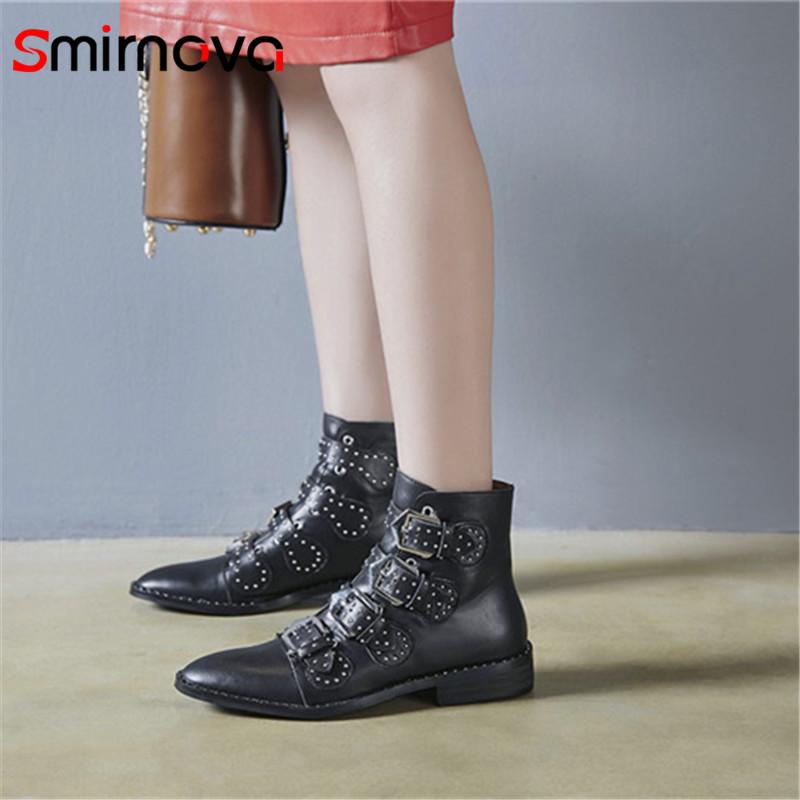 

Smirnova genuine leather boots ladies 2020 new arrival autumn winter shoes buckle boots for woman casual thick heels ankle, Black
