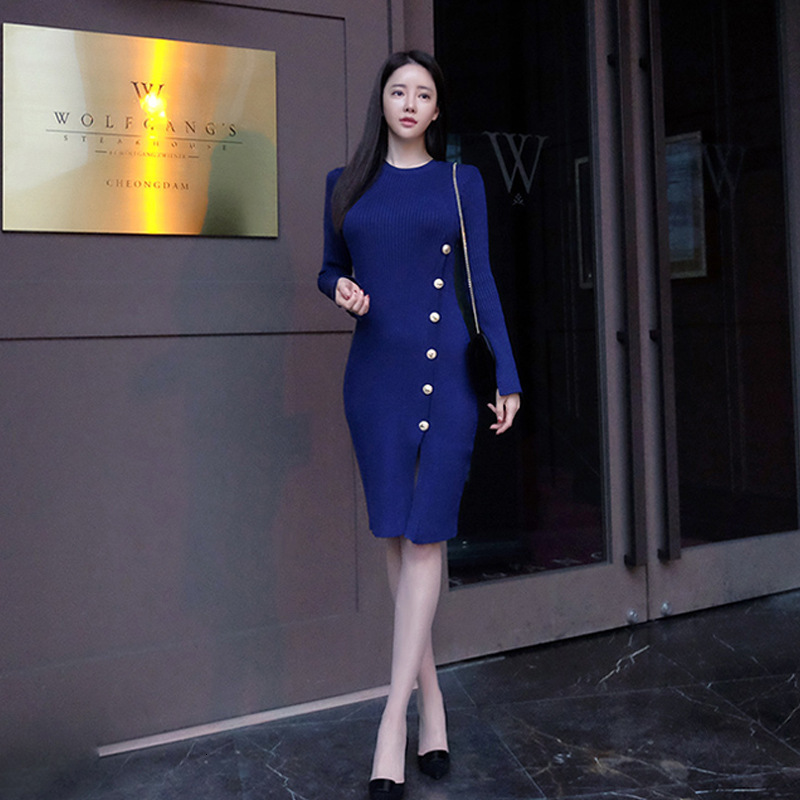 

2021 Autumn and Winter New Women's Clothing Ladies'temperament Knitting Sleeve Fine Rump Split Dressed in Background W8BH, Blue