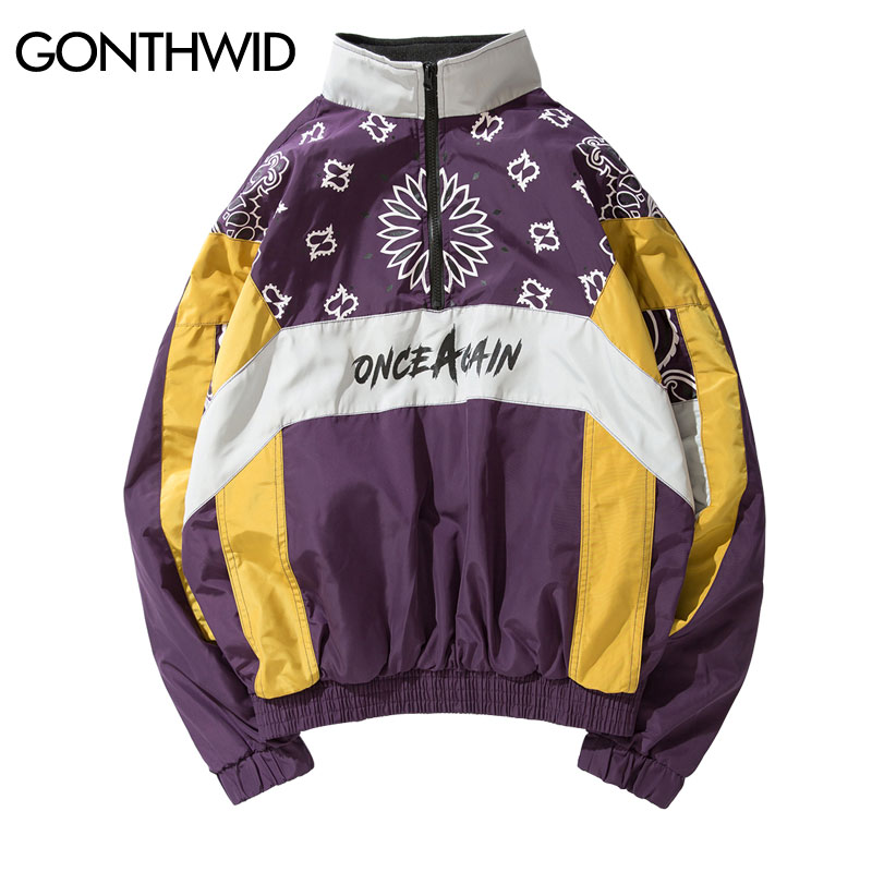 

Cashew Flowers Printed Color Block Patchwork Pullover Jackets 2020 Spring Autumn Half Zip Windbreaker CoatS Streetwear, Red