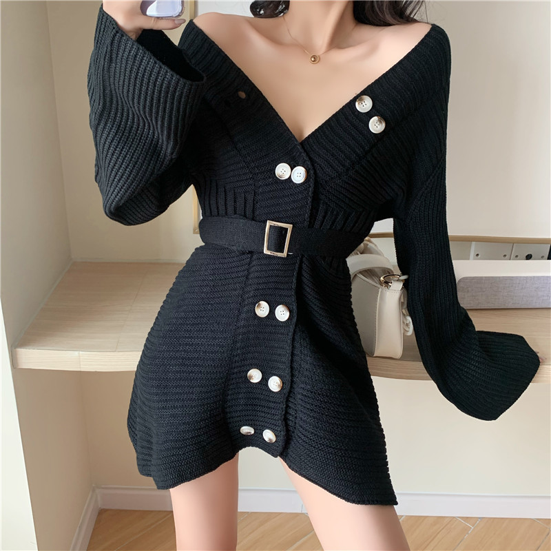 

2021 Autumn Dressed in a New Sleek Nightgown with Double-breasted Waistband Tightly Knit Korean Dress Fashion Enlargement Sleeves Short XJOP, Black