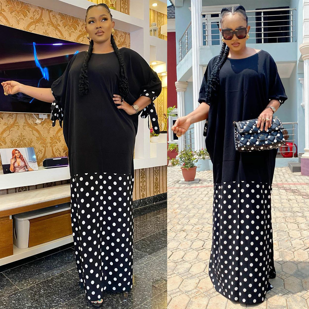 

African Maxi Dress Women Polka Dot Print Black White Dresses Plus Size Boubou Nigerian Fashion Ankara Robes Party Clothing, Black;gray