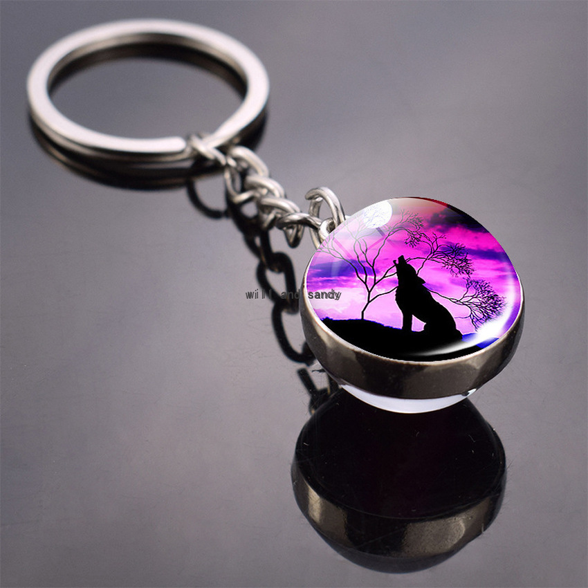 

Double Side Glass Cabochon Ball Animal Full Moon Wolf Keychain Glass Ball Time Gem Key Ring Bag Hanging Fashion Jewelry Will and Sandy