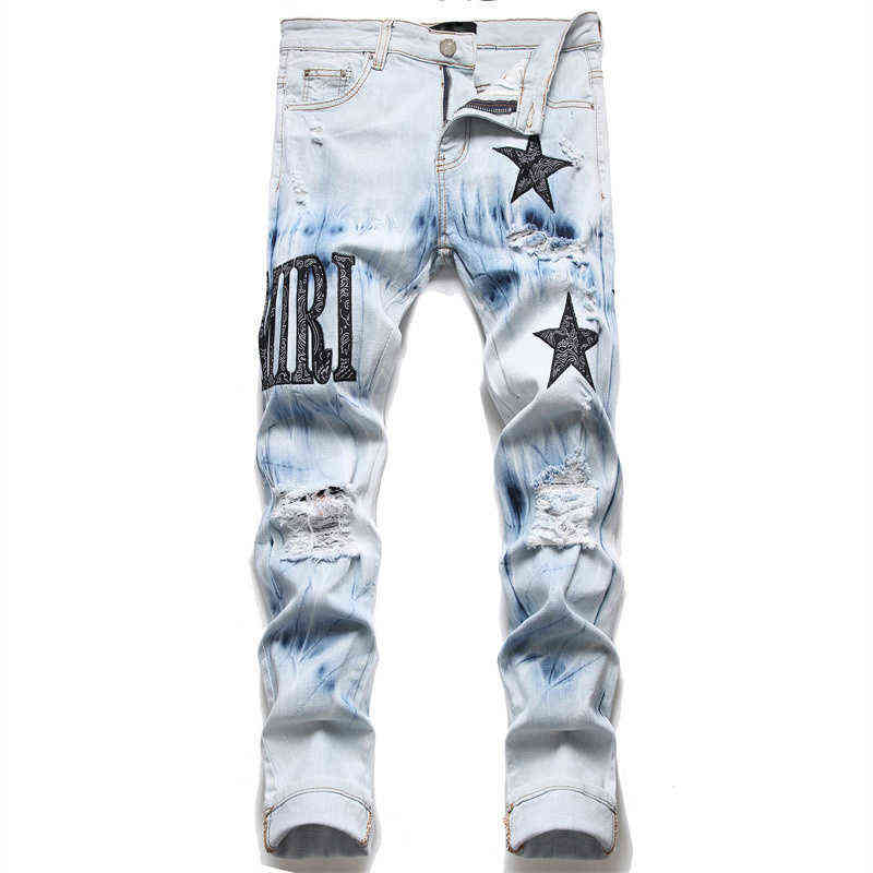 

European Jean Hombre Letter Star Jean Men Embroidery Patchwork Ripped Jeans For Men Trend Brand Motorcycle Pant Mens Jean Skinny X220214, 3093