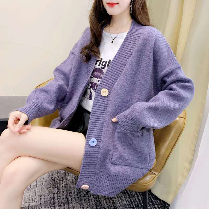 

2021 New spring and autumn new mesh cardigan all-match single solid color breasted female sweater h00277, Purple