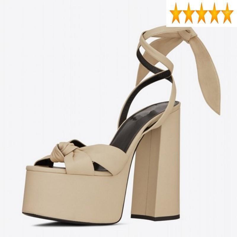

Summer New Sexy Ladies Open Toe Platform Thick Woman Shoes Rome Lace Up Runway Dress Heels Sandals Plus Size 421, Beige